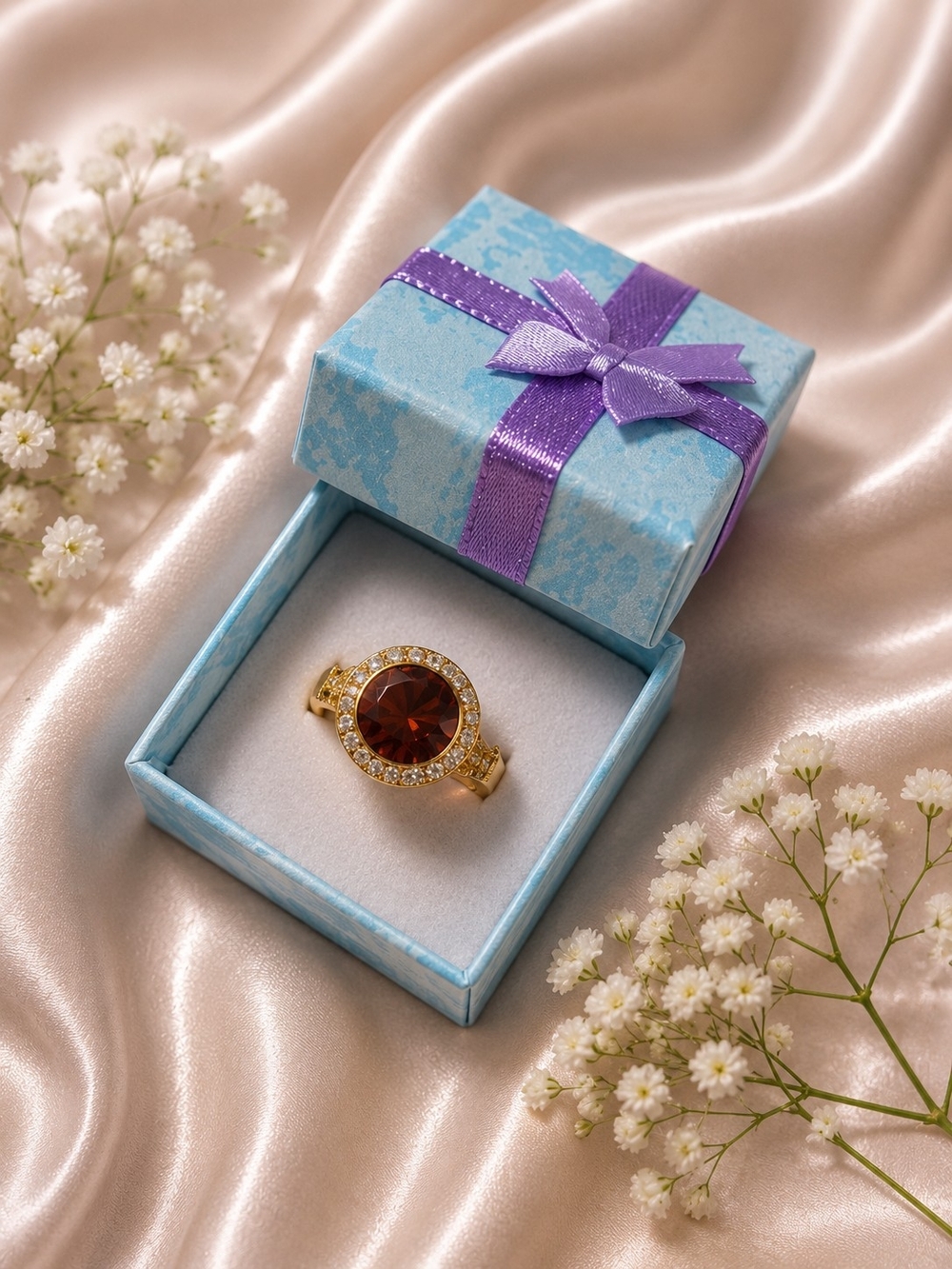 Gold-Tone Ring with Deep Red Gemstone and Pavé Crystal Halo